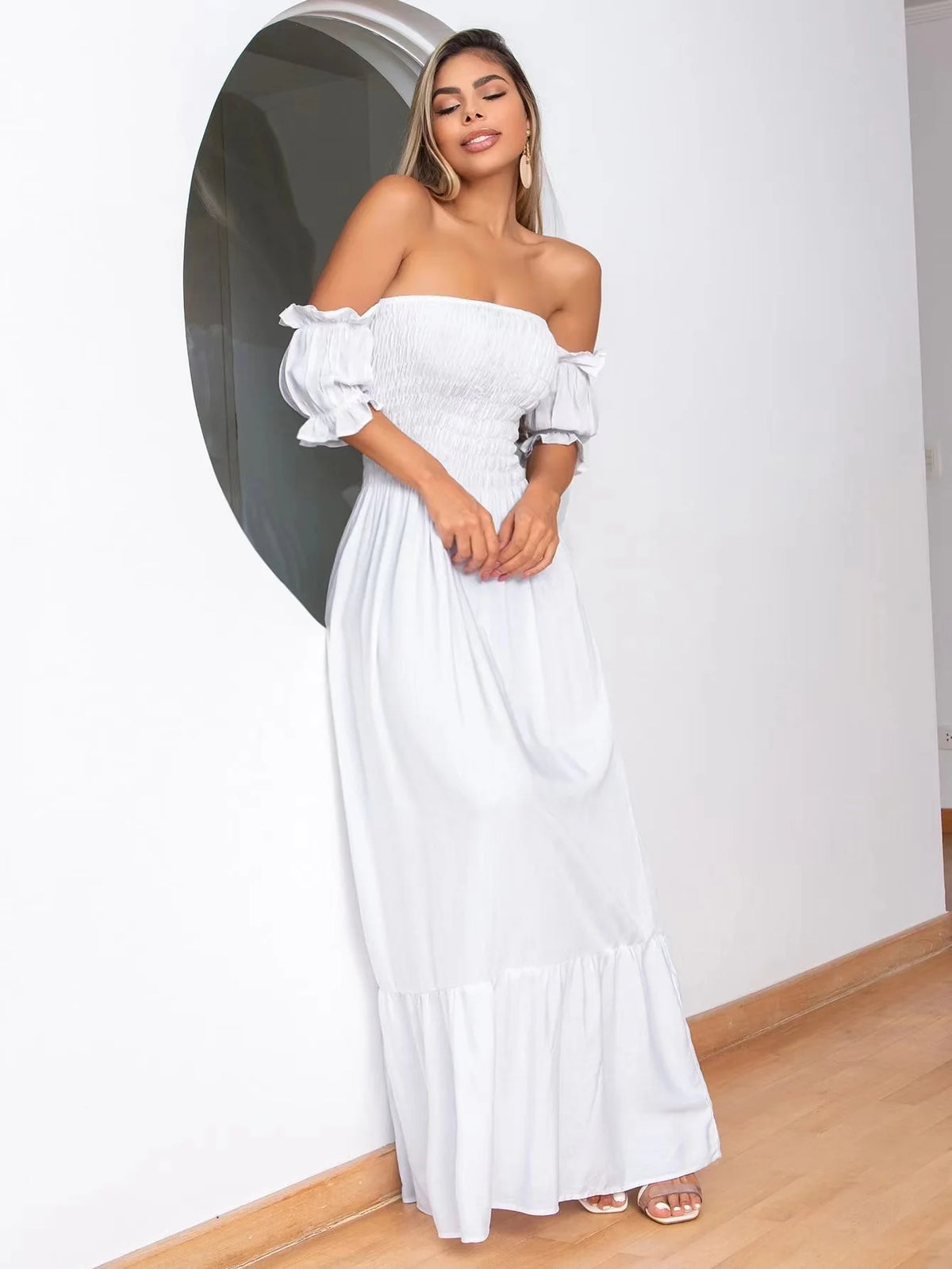 Vestido Longo Ciganinha com Manga Lanterninha Flare Elastex
