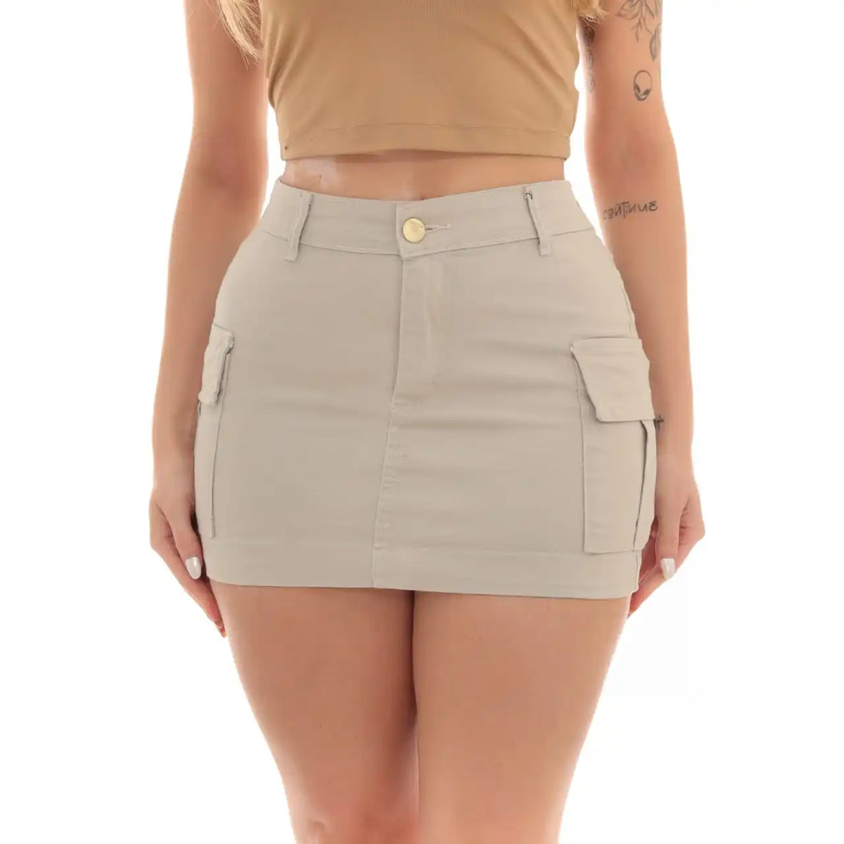 Mini Saia Cargo Feminina em Sarja Bege