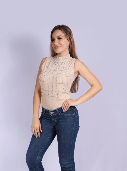 Blusa Feminina Sem Mangas Bella Girls com Renda e Detalhes Plissados